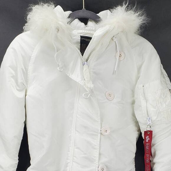 Alpha Industries White Parka Ski Coat Faux Fur Hood Gorpcore Thigh Length Jacket - Picture 5 of 10